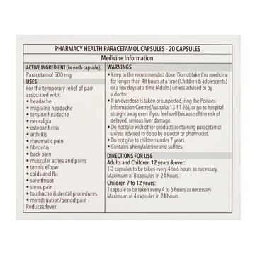 PHARMACY HEALTH Paracetamol 500mg 20 Capsules