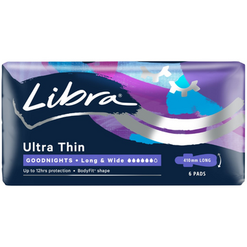 Libra Ultra Thin Goodnights Pads Long & Wide With Wings 6 Pack