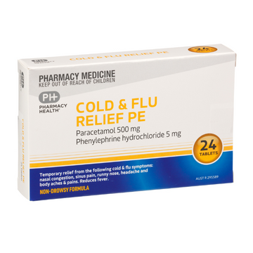 PHARMACY HEALTH Cold & Flu Relief PE Paracetamol 500mg Phenylephrine Hydrochloride 5mg 24 Tablets