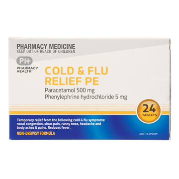 PHARMACY HEALTH Cold & Flu Relief PE Paracetamol 500mg Phenylephrine Hydrochloride 5mg 24 Tablets