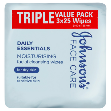 Johnson's Face Care Daily Essentials Moisturising Facial Cleansing Wipes For Dry Skin 3x25 Wipes