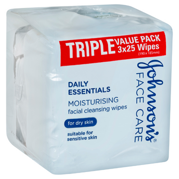 Johnson's Face Care Daily Essentials Moisturising Facial Cleansing Wipes For Dry Skin 3x25 Wipes