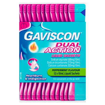 Gaviscon Dual Action Liquid Sachets Heartburn & Indigestion Peppermint Flavour 12 x 10ml Pack