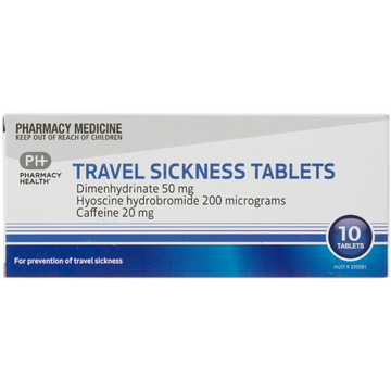 PHARMACY HEALTH Travel Sickness Dimenhydrinate 50mg Hyoscine Hydrobromide Caffeine 10 Tablets