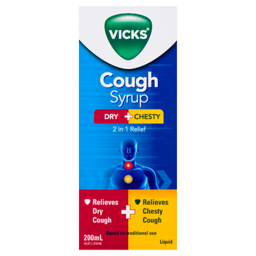 Vicks Cough Syrup Dry + Chesty 2 in 1 Relief 200mL