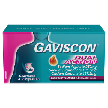 Gaviscon Dual Action Heartburn and Indigestion Mixed Berry Flavour 48 Tablets