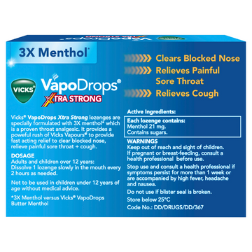 Vicks VapoDrops Xtra Strong Lemon Menthol Blast 16 Lozenges