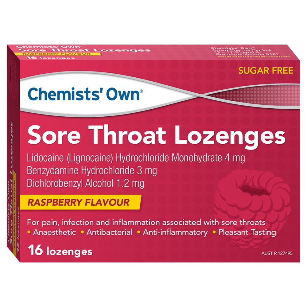 Chemists Own Sore Throat Lozenges Antibacterial Anaesthetic Raspberry